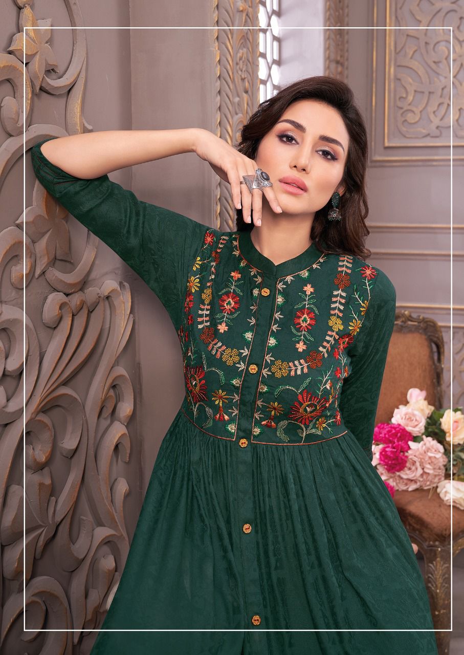 Aarvi Shanaya 4 rayon Designer Fancy Wear Embroidery Kurti Collection